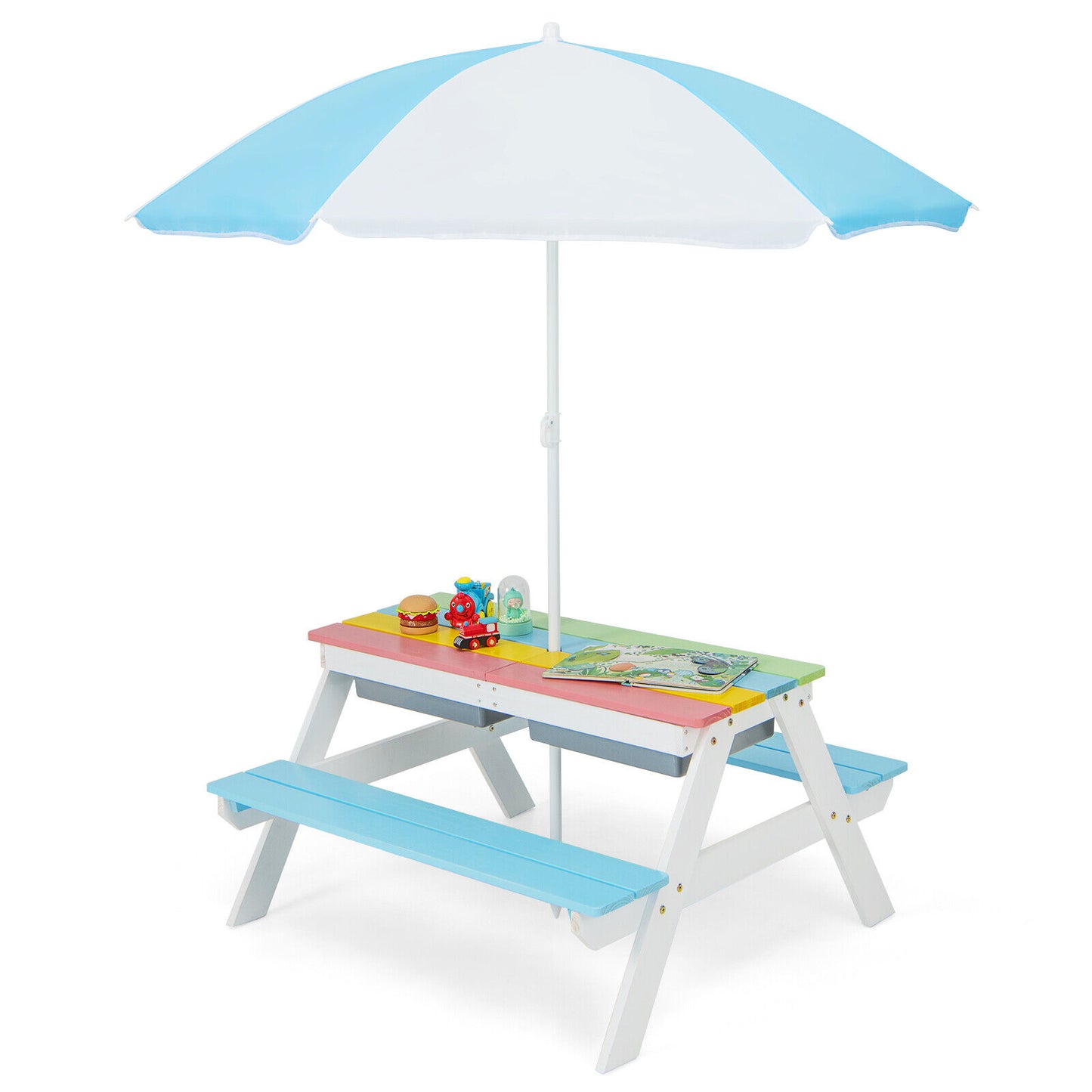 Kids Outdoor Picnic Table with Umbrella and Sand Water Play