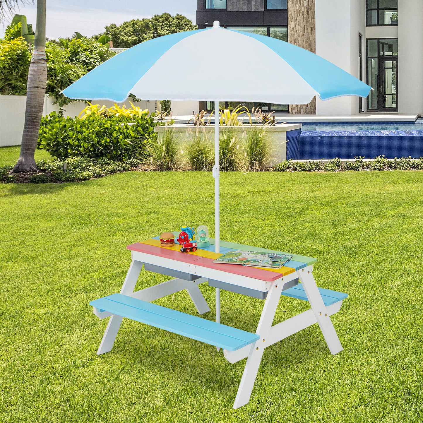 Kids Outdoor Picnic Table with Umbrella and Sand Water Play