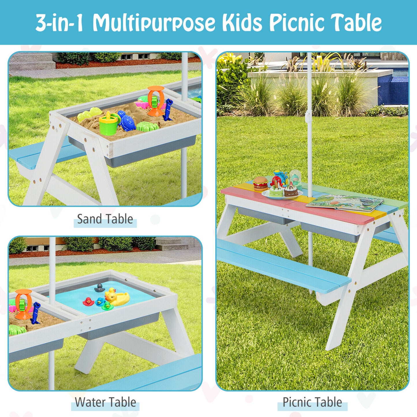 Kids Outdoor Picnic Table with Umbrella and Sand Water Play