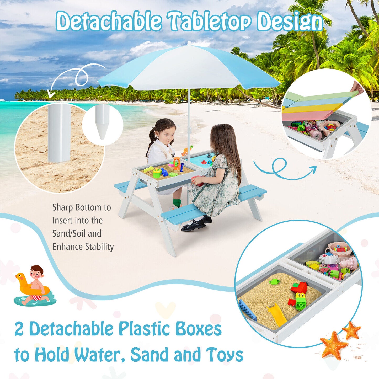 Kids Outdoor Picnic Table with Umbrella and Sand Water Play