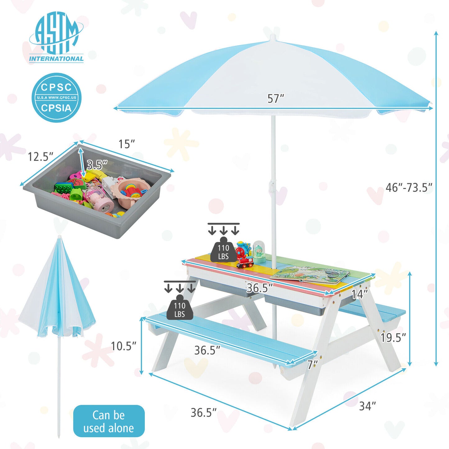 Kids Outdoor Picnic Table with Umbrella and Sand Water Play