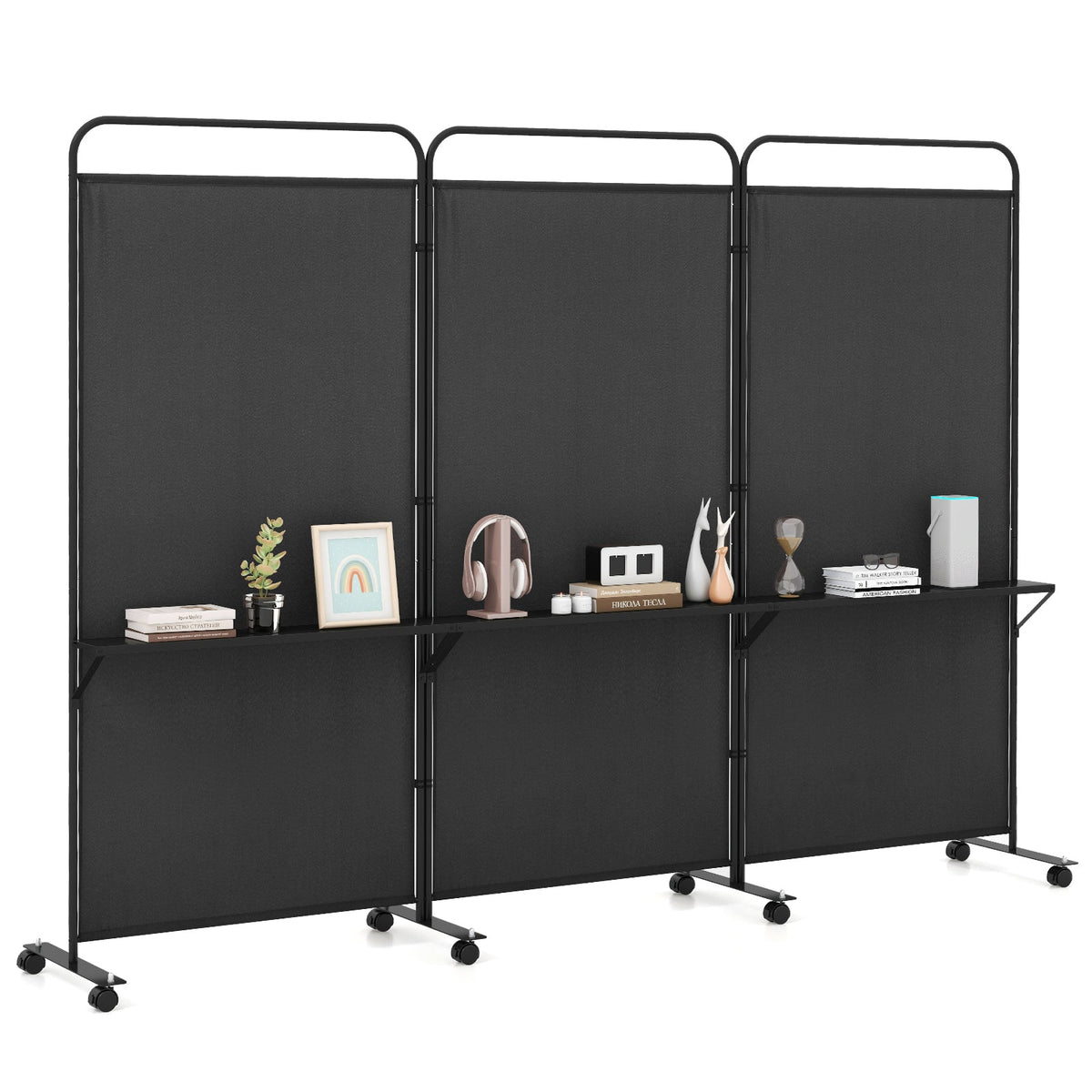 3-Panel Folding Room Divider with 3 Metal Shelves and Lockable Wheels