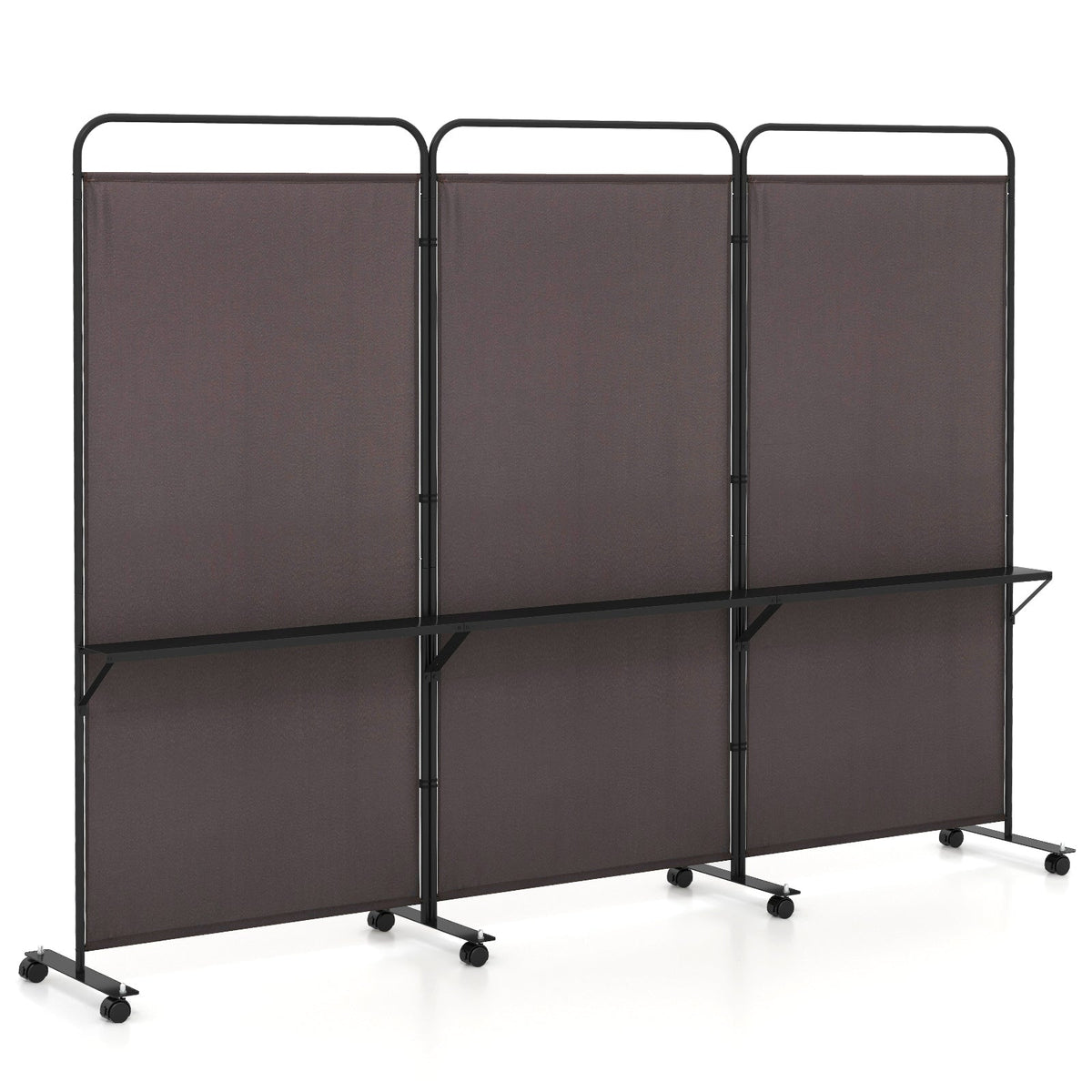 3-Panel Folding Room Divider with 3 Metal Shelves and Lockable Wheels