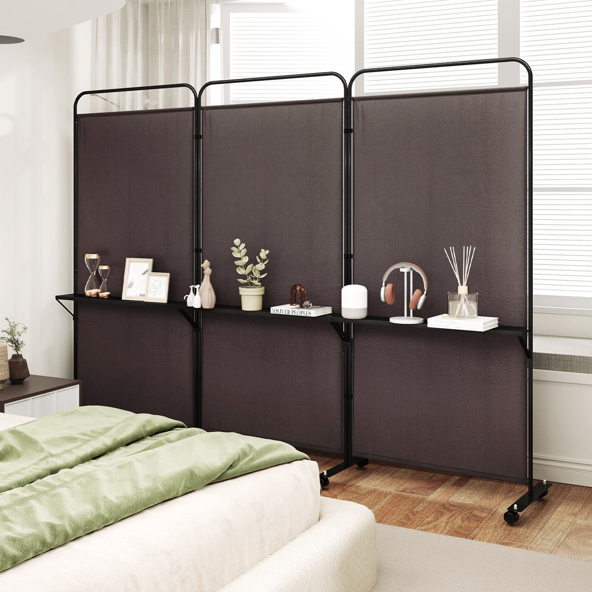 3-Panel Folding Room Divider with 3 Metal Shelves and Lockable Wheels