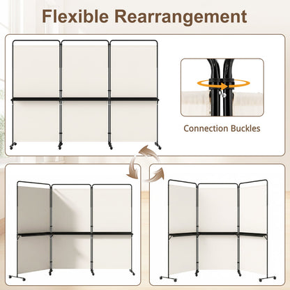 3-Panel Room Divider with Shelves 6 FT Tall Folding Privacy Screen with Lockable Wheels