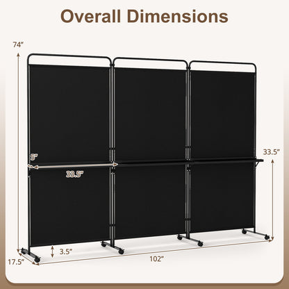 3-Panel Room Divider with Shelves 6 FT Tall Folding Privacy Screen with Lockable Wheels