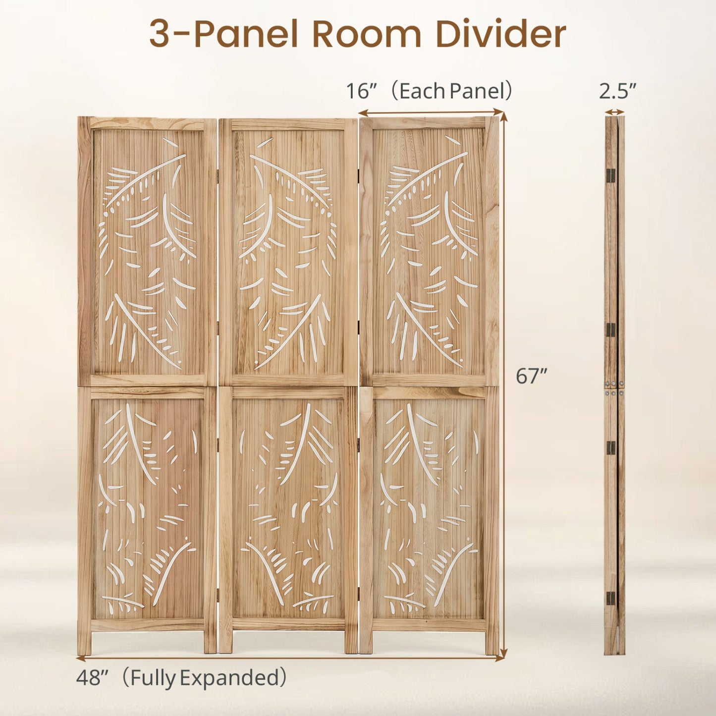 3-Panel Room Divider with Palm Leaf Design - 67" Tall