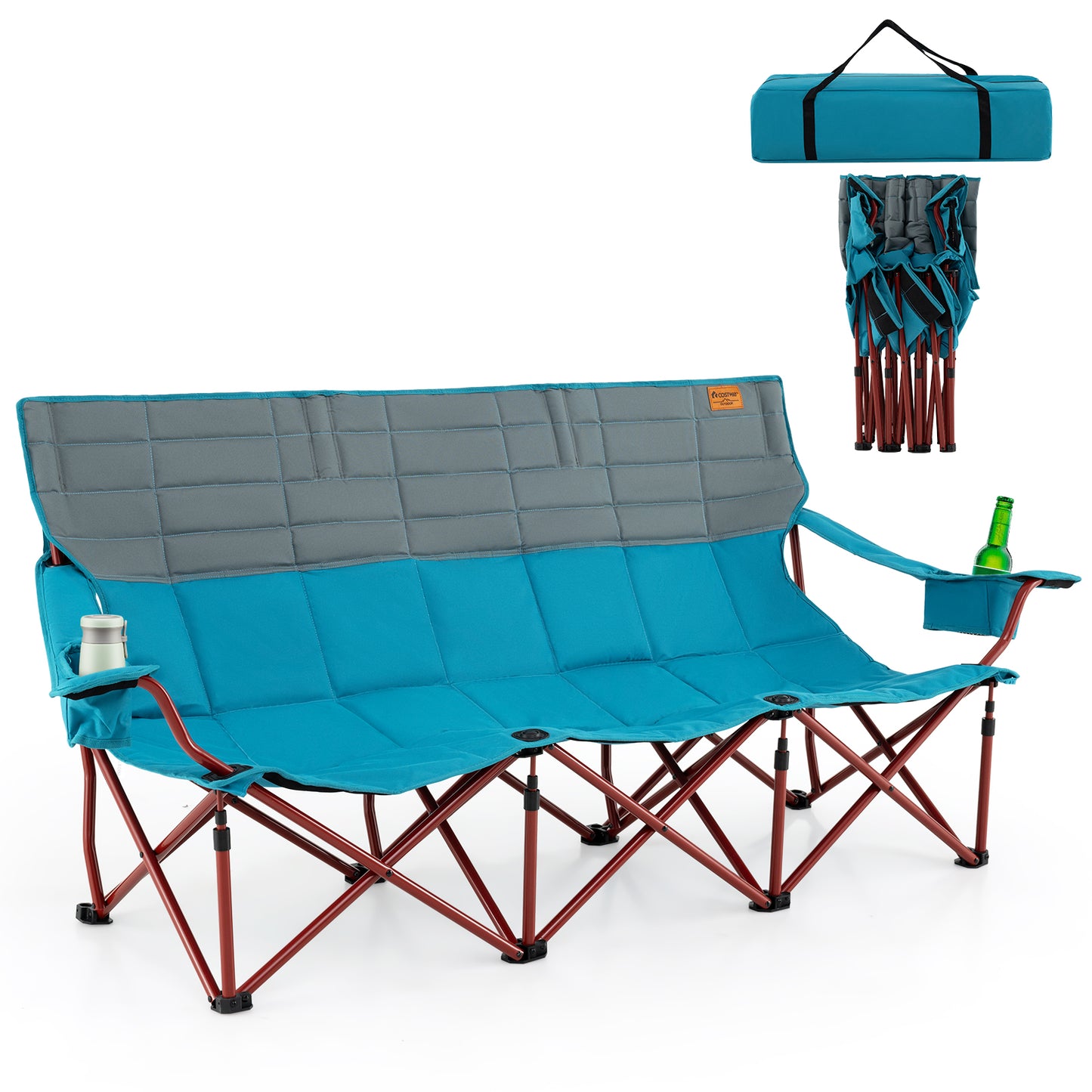 3-Person Folding Camping Chair with Cup Holders & Storage Bag