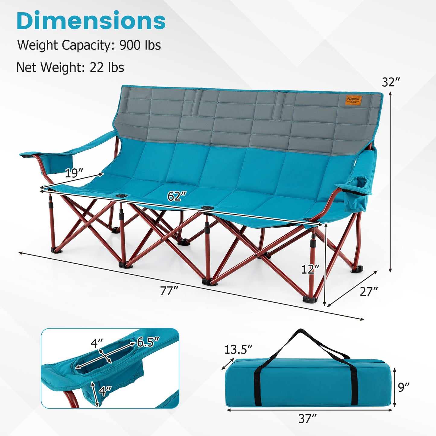 3-Person Folding Camping Chair with Cup Holders & Storage Bag
