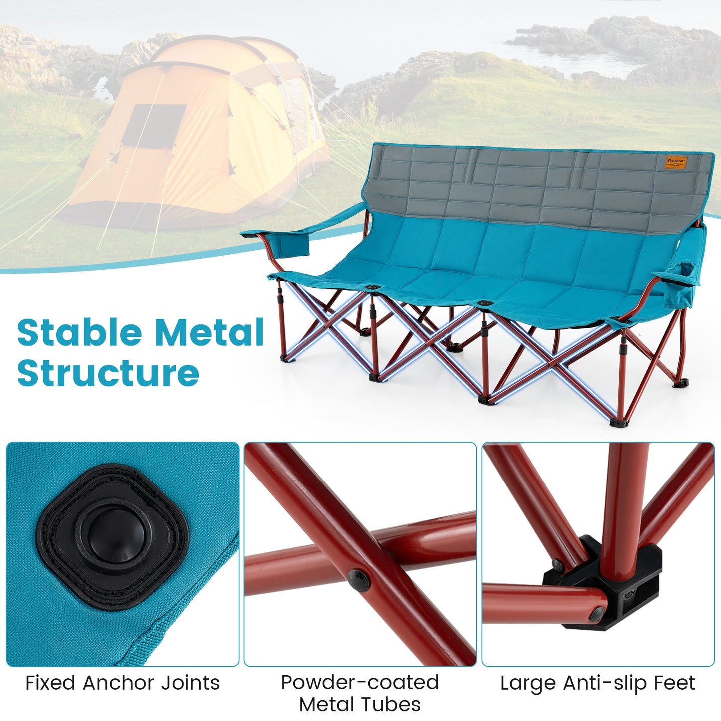 3-Person Folding Camping Chair with Cup Holders & Storage Bag