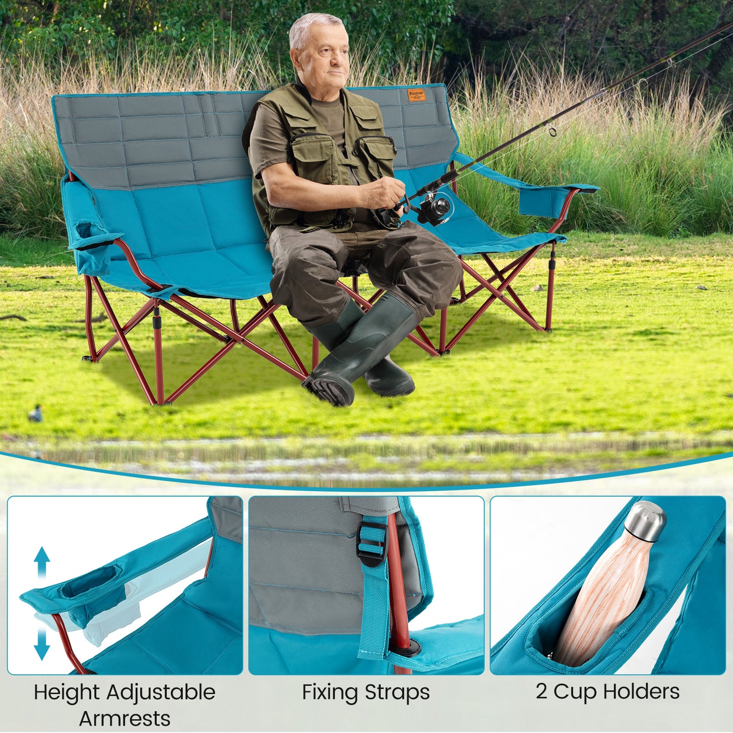 3-Person Folding Camping Chair with Cup Holders & Storage Bag