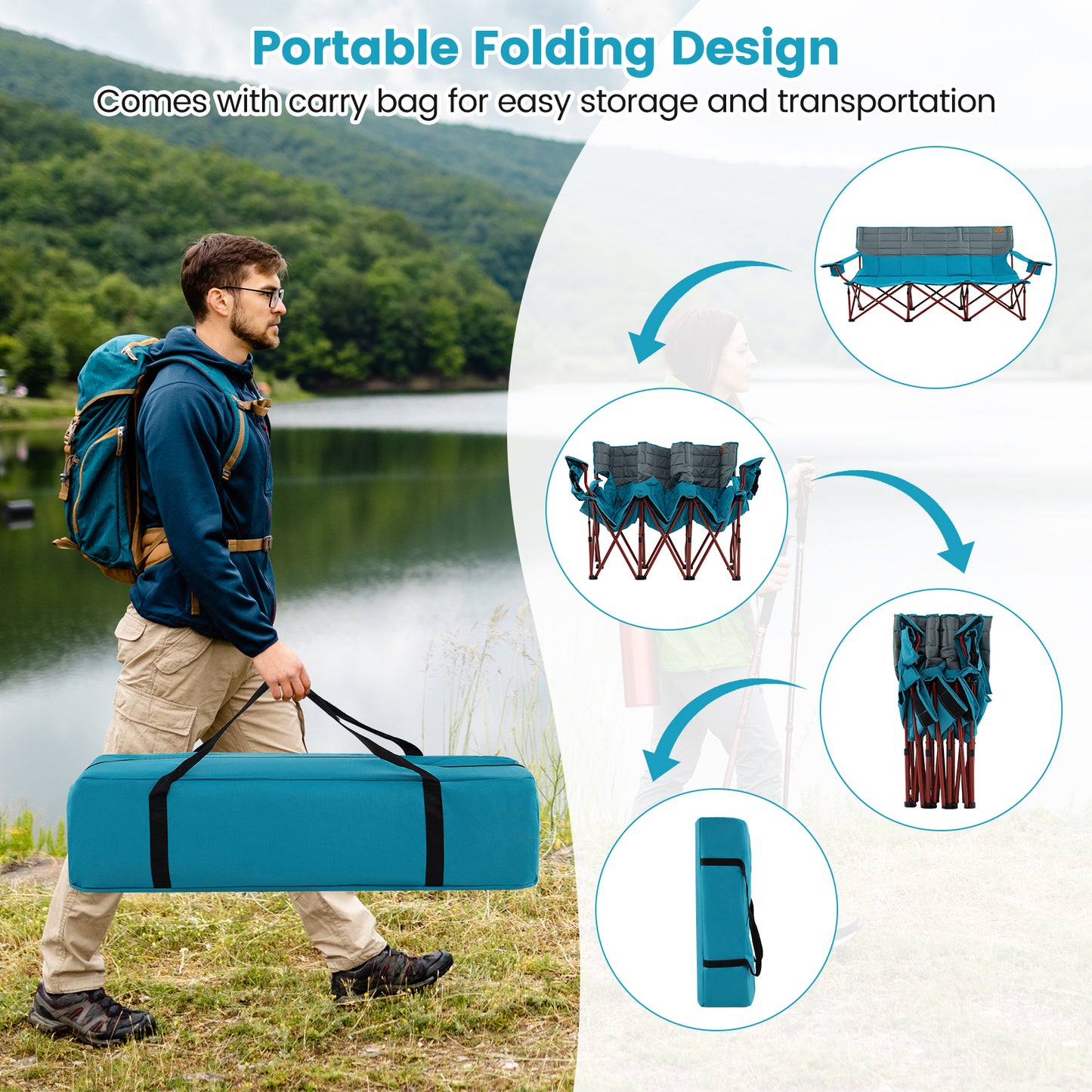 3-Person Folding Camping Chair with Cup Holders & Storage Bag