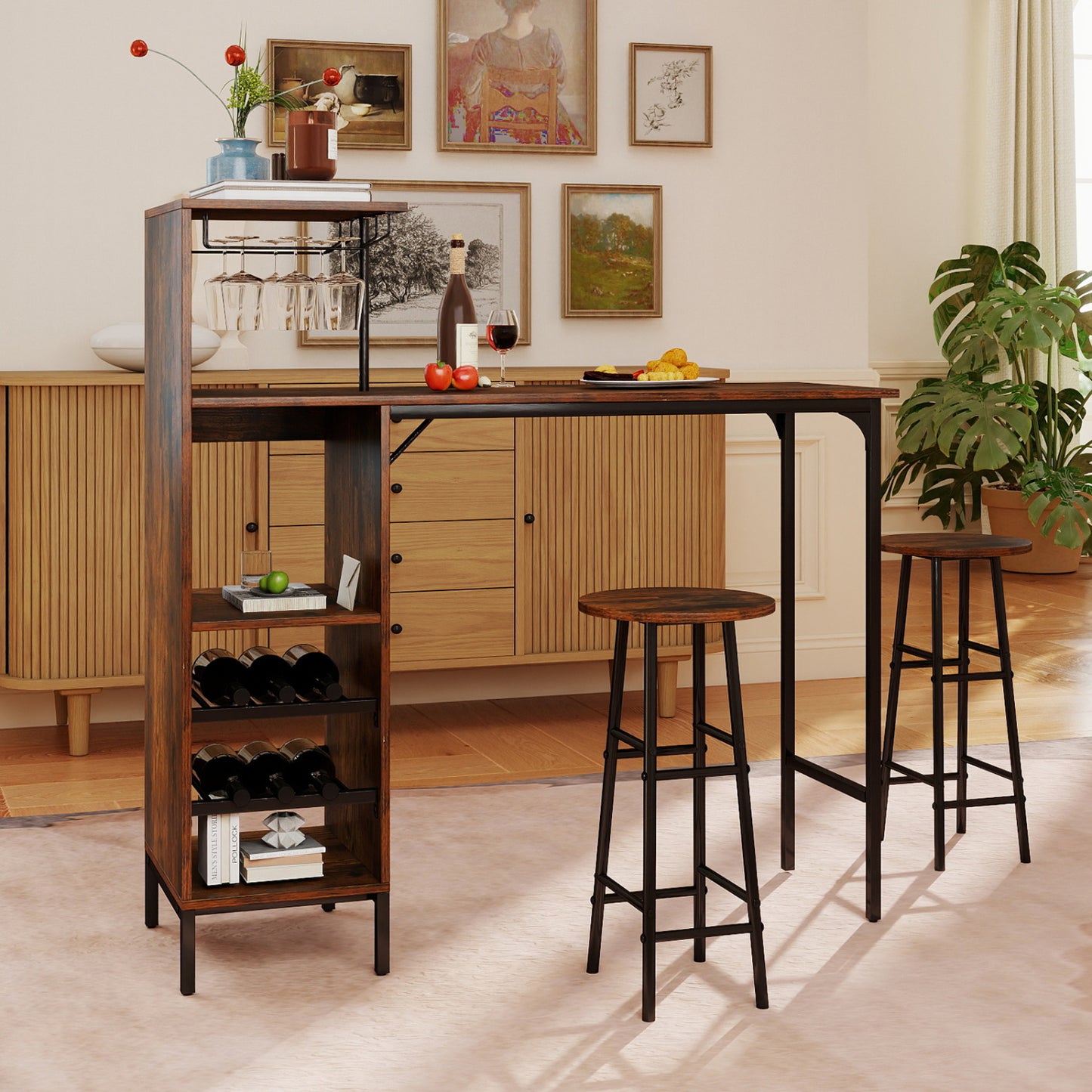 3-Piece Bar Table Set with Wine Rack and 2 Stools