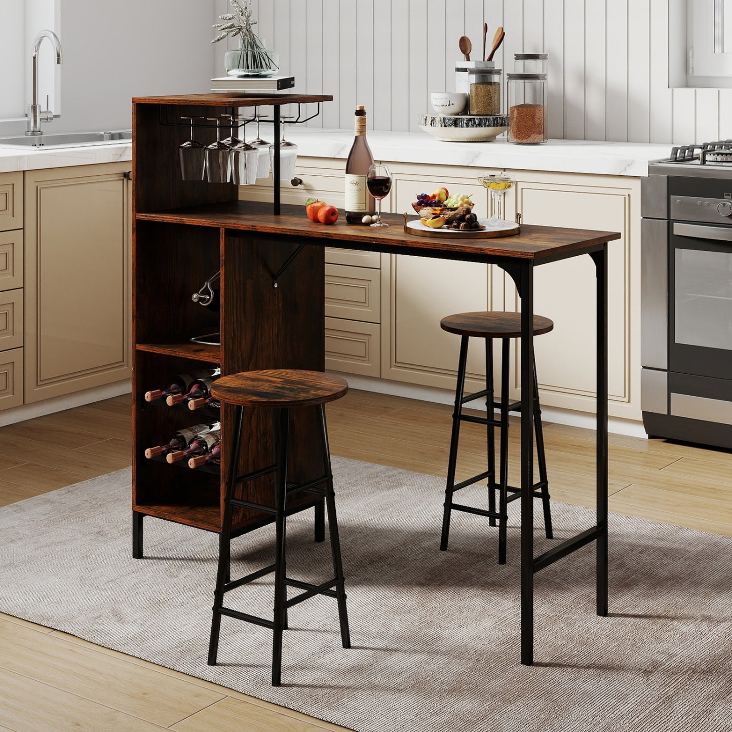 3-Piece Bar Table Set with Wine Rack and 2 Stools
