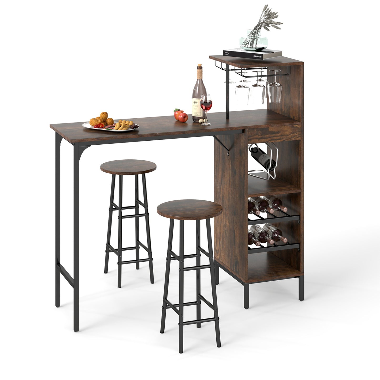 3-Piece Bar Table Set with Wine Rack and 2 Stools