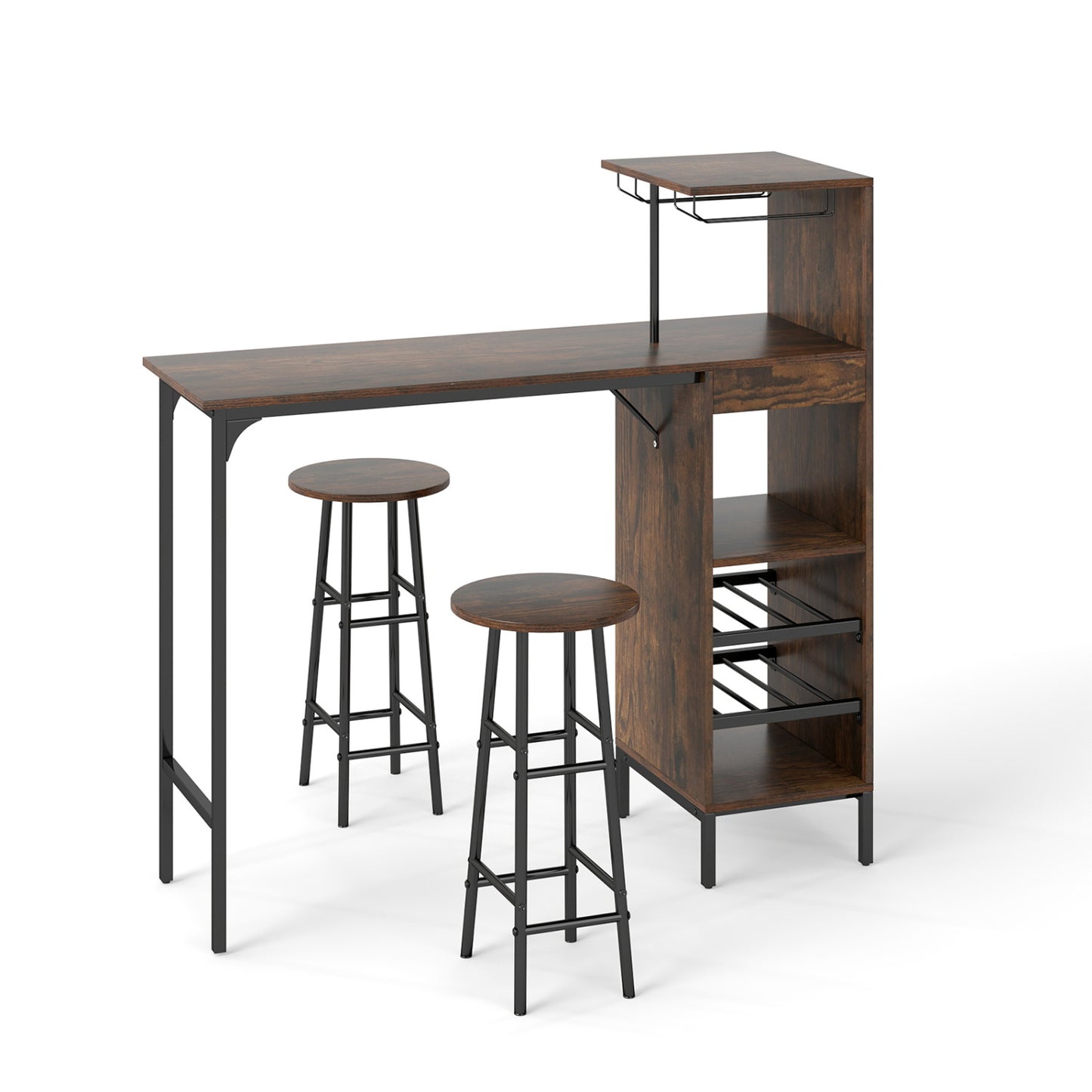 3-Piece Bar Table Set with Wine Rack and 2 Stools