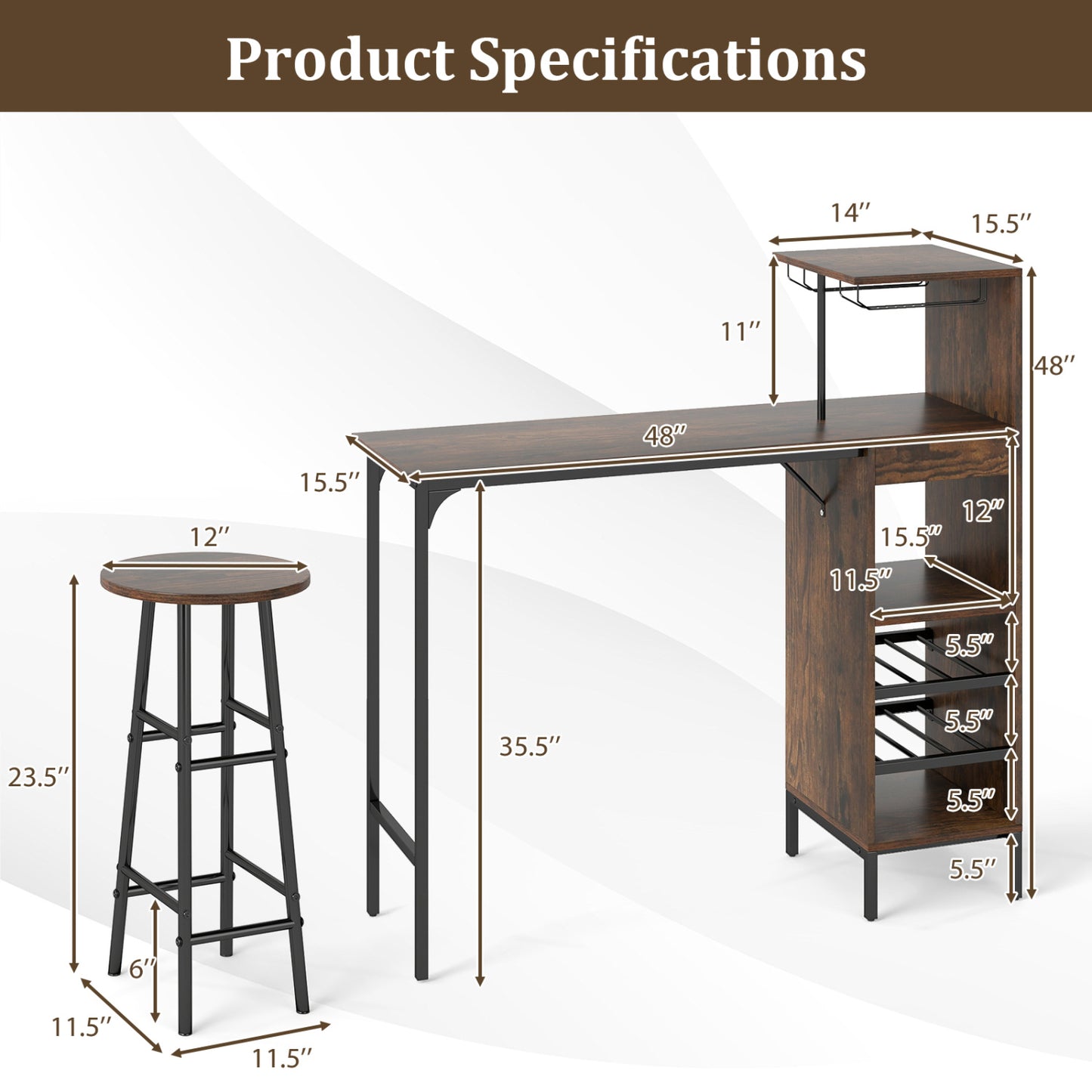 3-Piece Bar Table Set with Wine Rack and 2 Stools