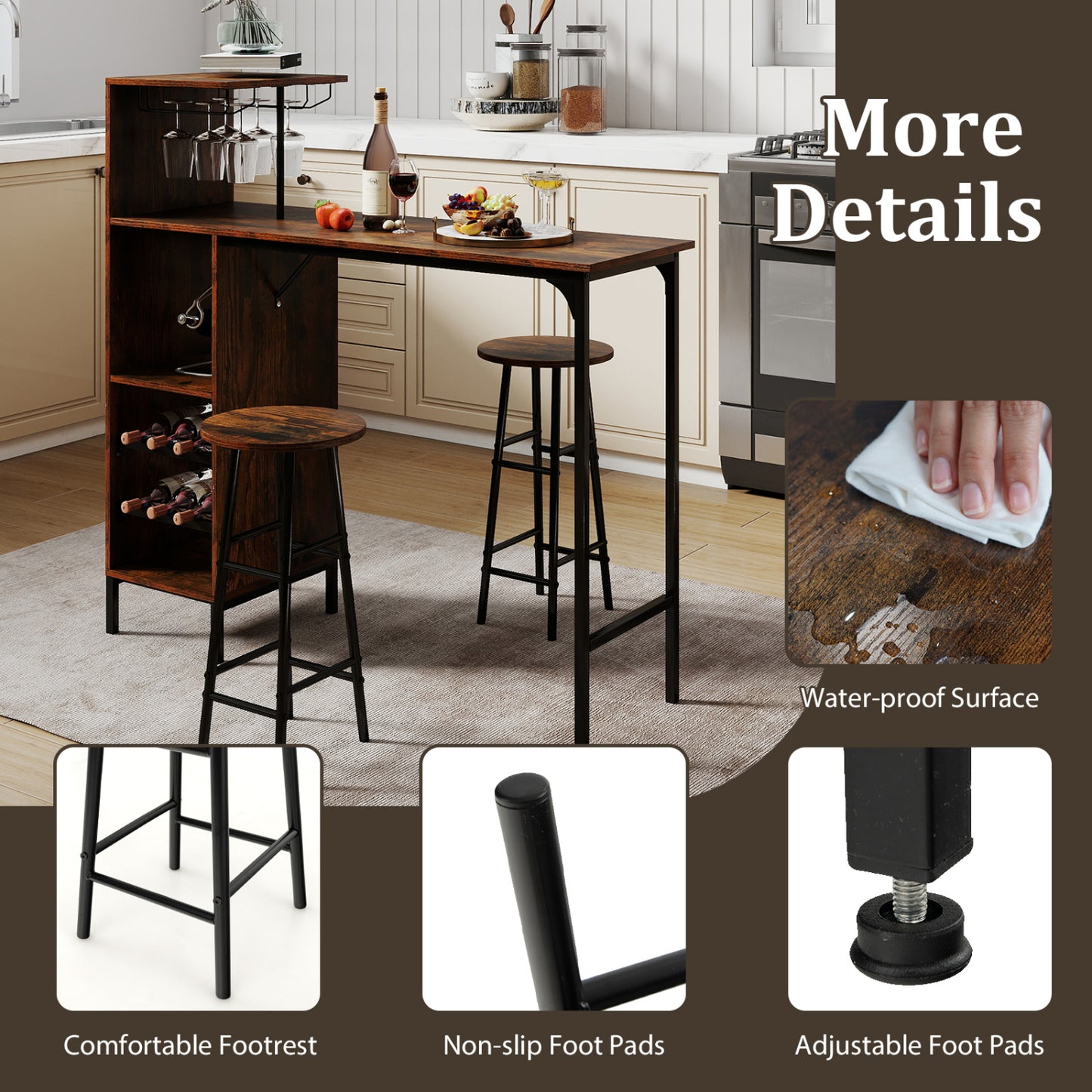 3-Piece Bar Table Set with Wine Rack and 2 Stools