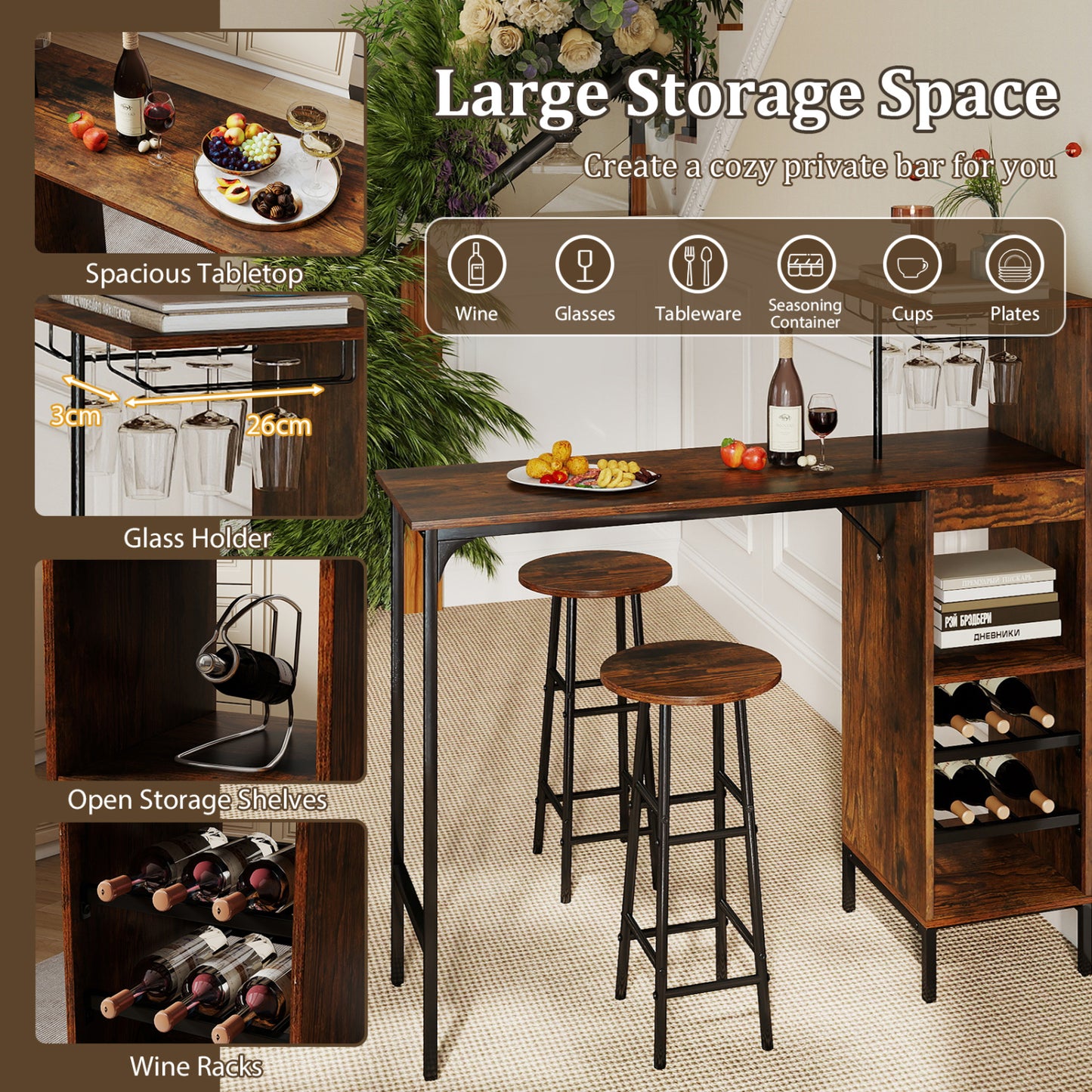 3-Piece Bar Table Set with Wine Rack and 2 Stools