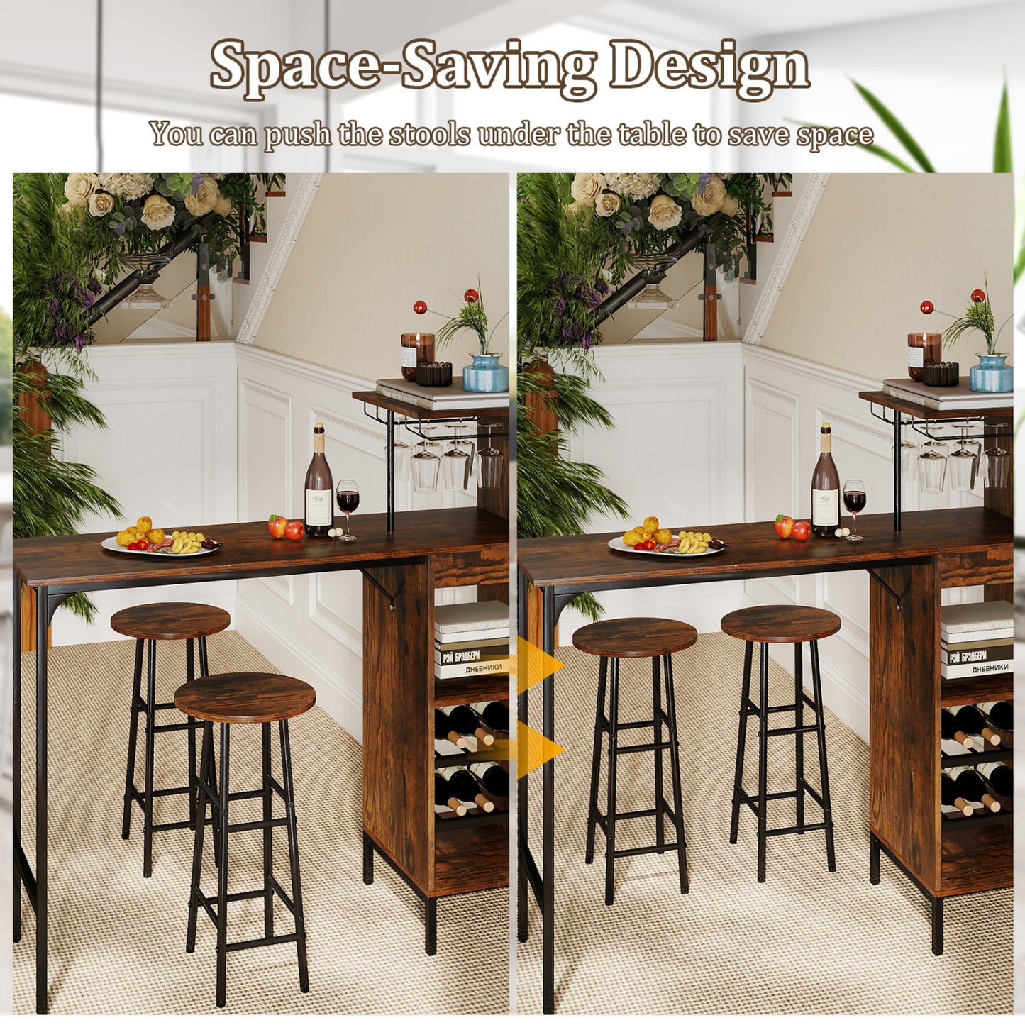 3-Piece Bar Table Set with Wine Rack and 2 Stools