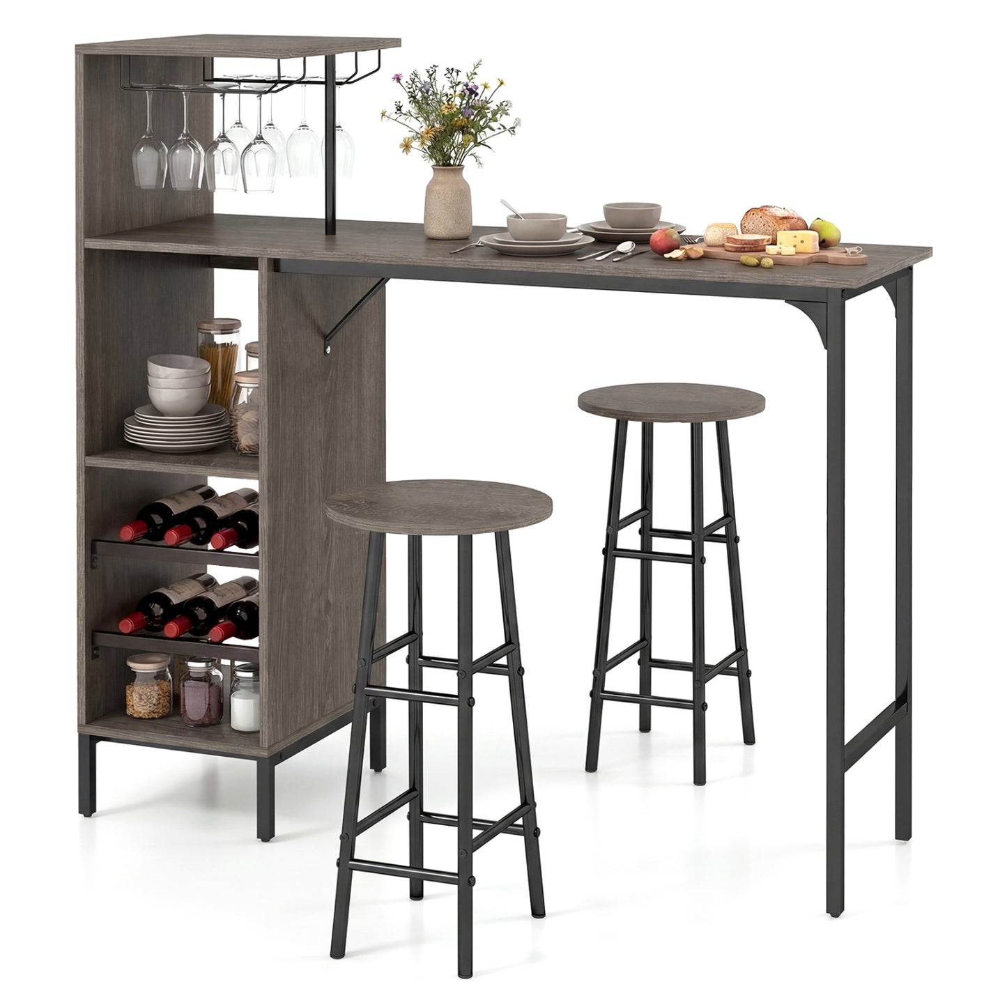 3-Piece Bar Table Set with Wine Rack and 2 Stools