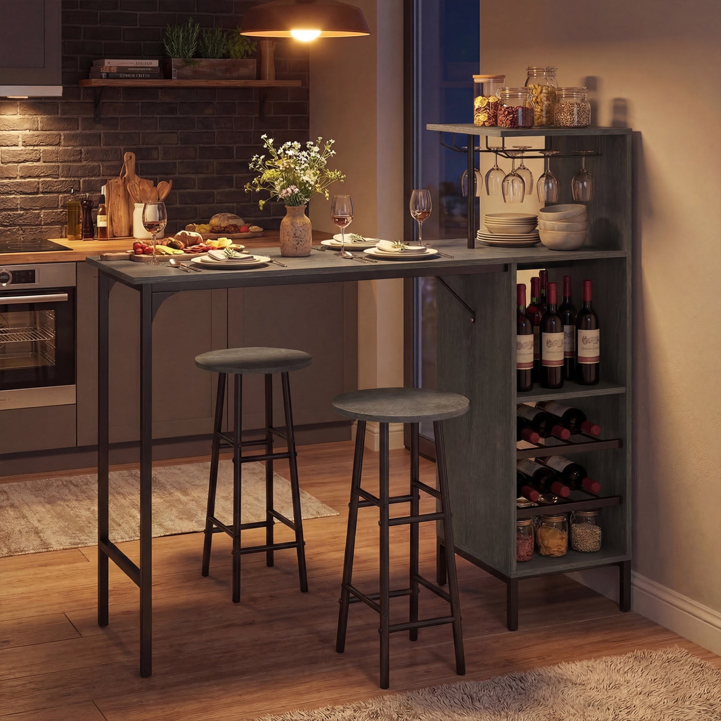 3-Piece Bar Table Set with Wine Rack and 2 Stools