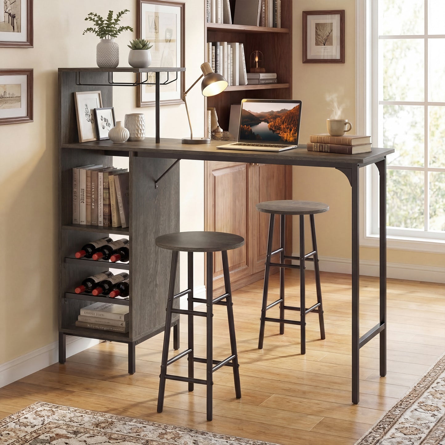 3-Piece Bar Table Set with Wine Rack and 2 Stools