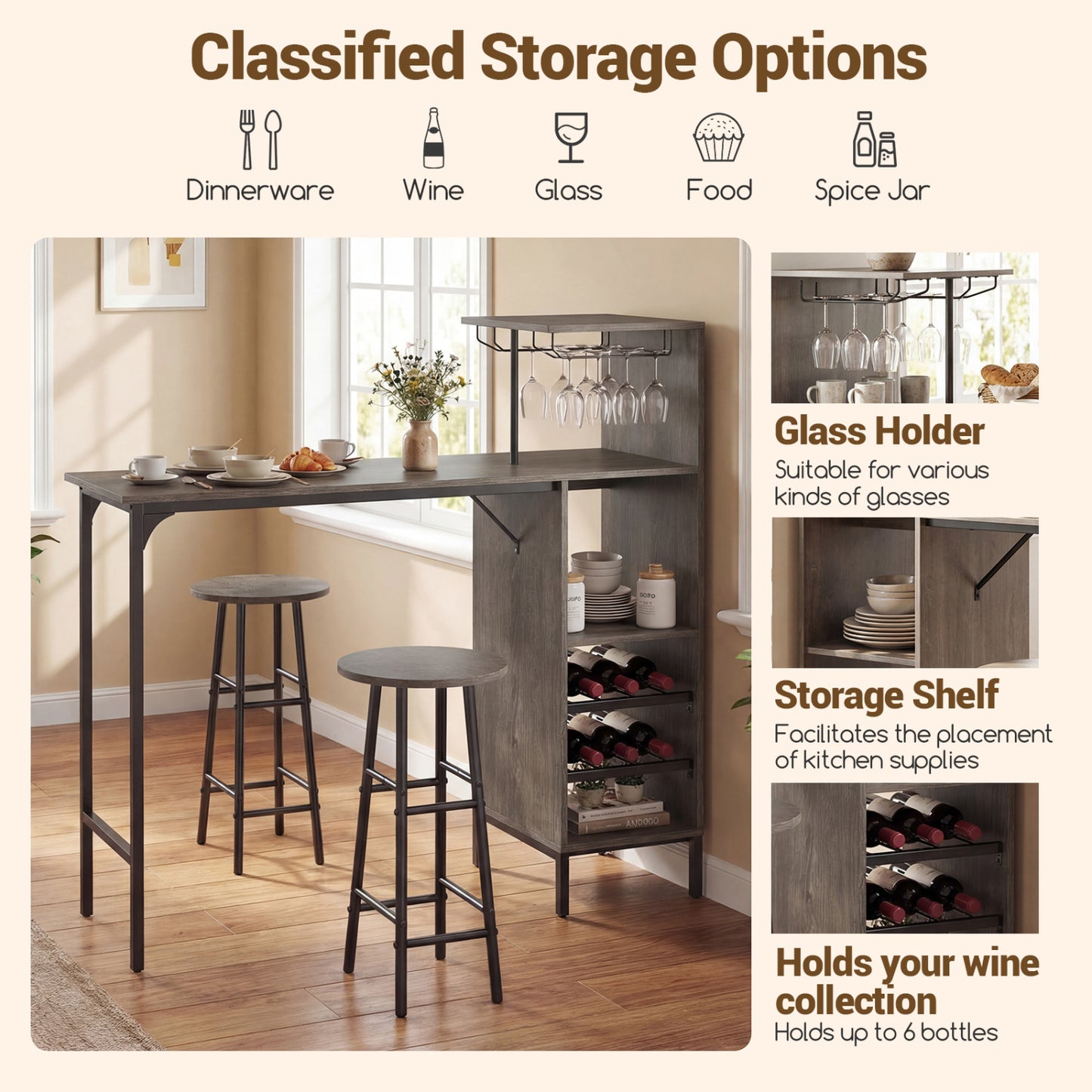 3-Piece Bar Table Set with Wine Rack and 2 Stools