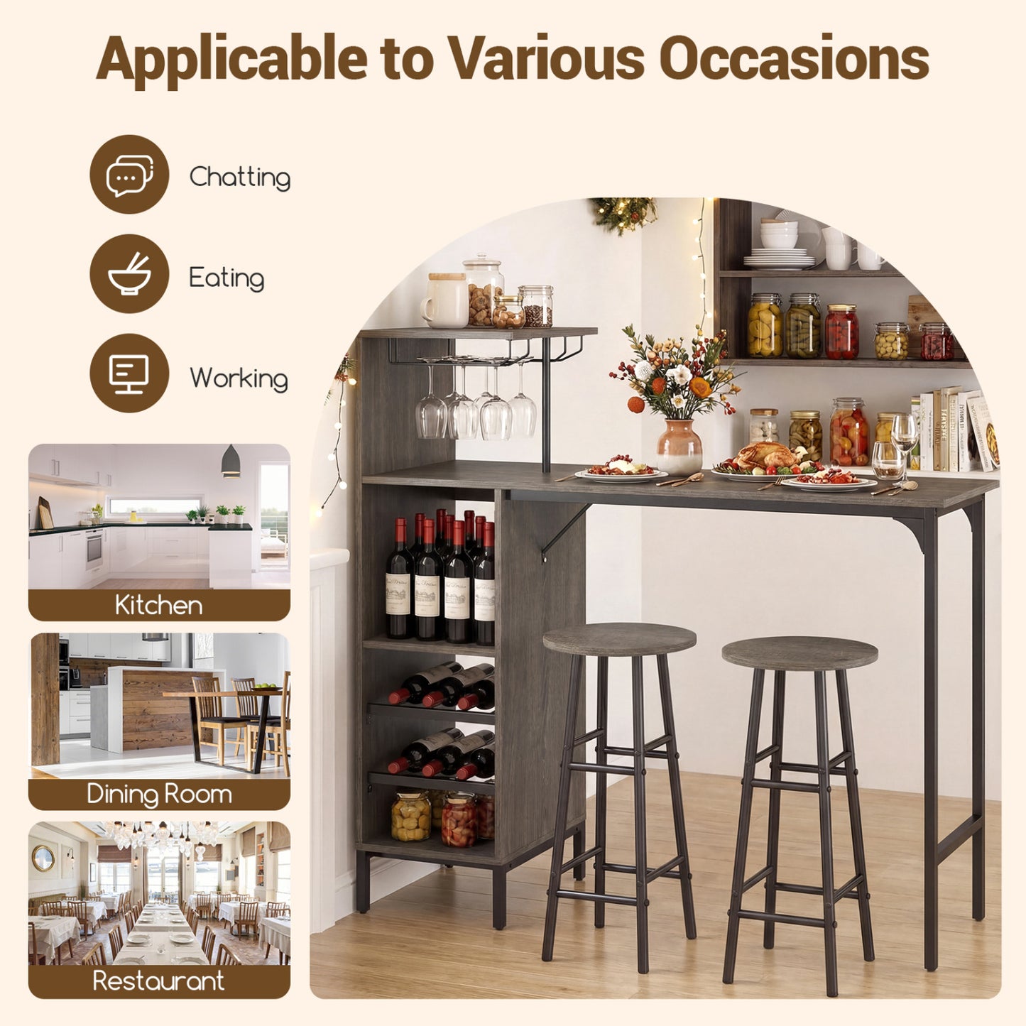 3-Piece Bar Table Set with Wine Rack and 2 Stools