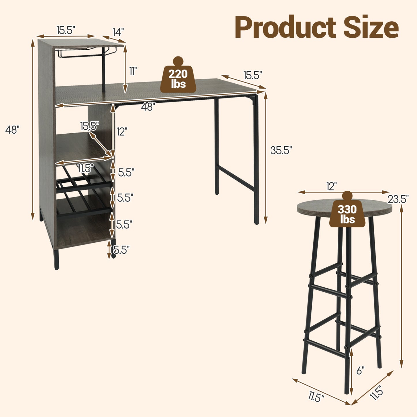 3-Piece Bar Table Set with Wine Rack and 2 Stools