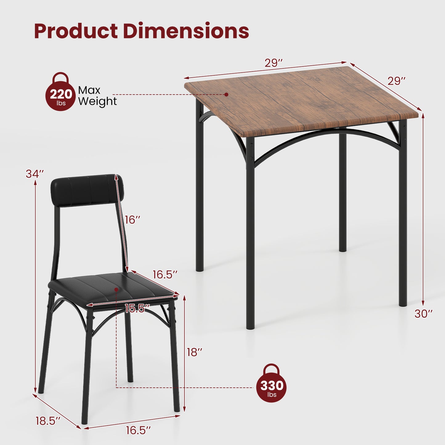 3-Piece Square Dining Table Set with 2 Upholstered Chairs