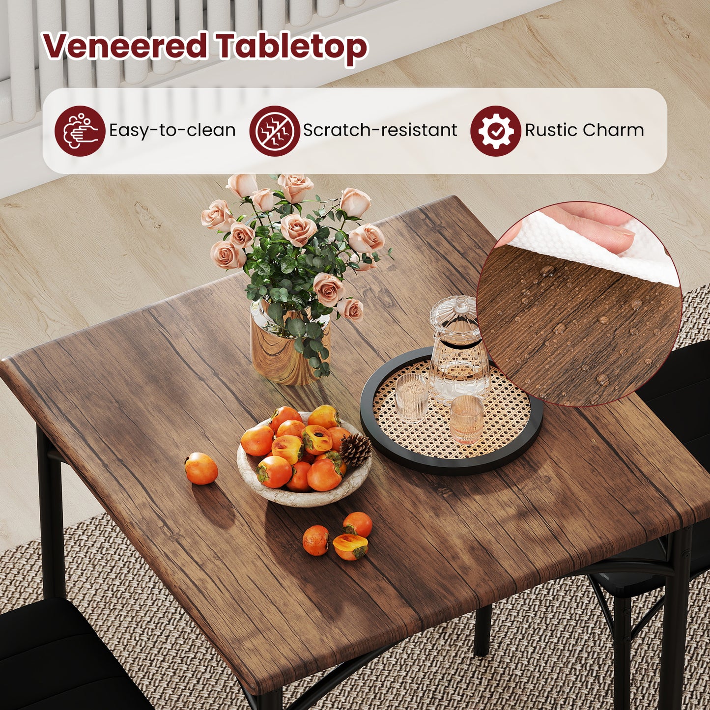3-Piece Square Dining Table Set with 2 Upholstered Chairs