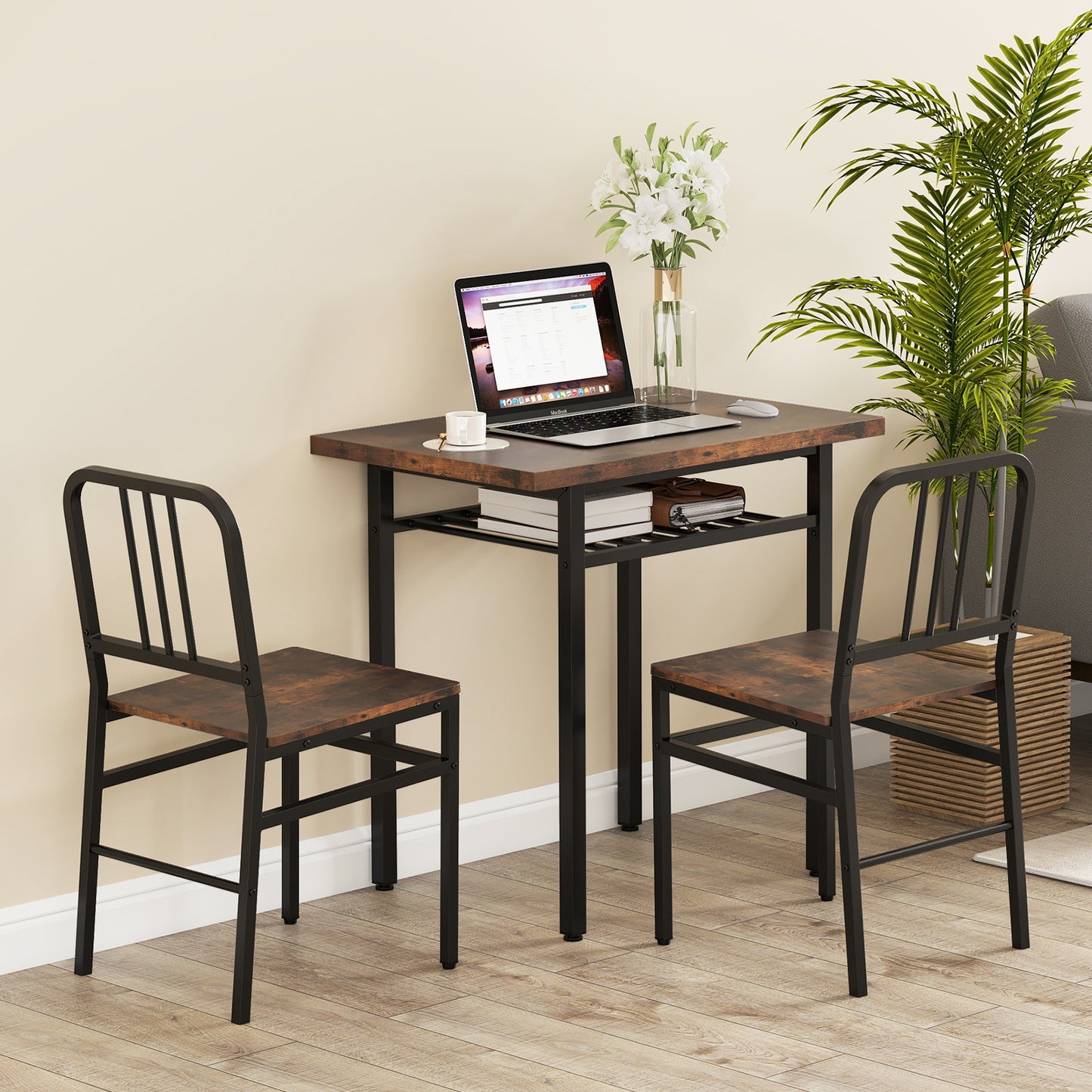 3-Piece Dining Table Set with 2 Chairs and Storage Shelf