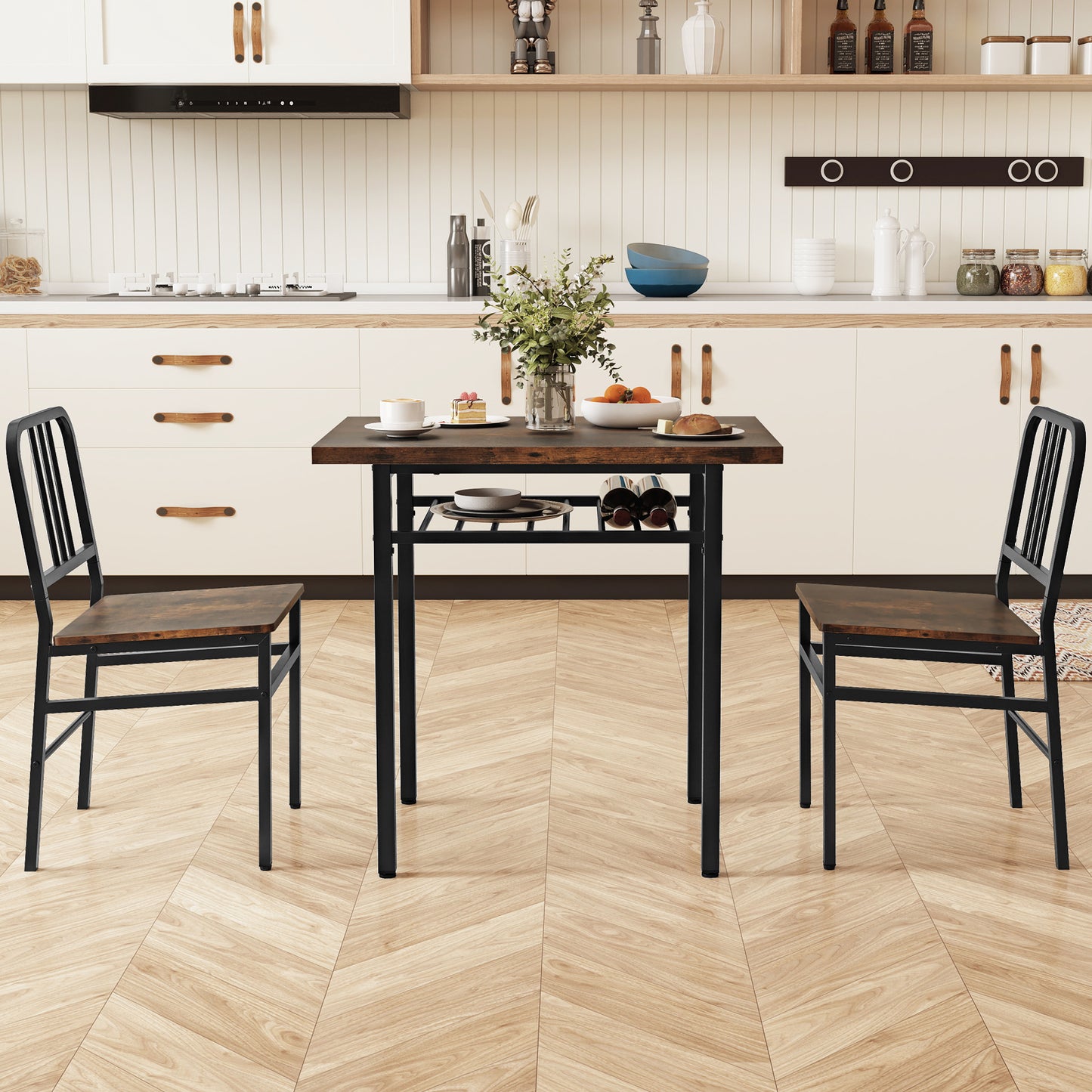 3-Piece Dining Table Set with 2 Chairs and Storage Shelf
