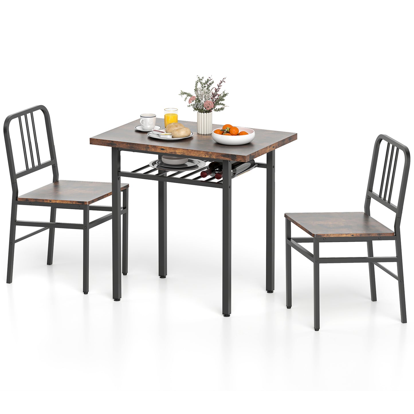 3-Piece Dining Table Set with 2 Chairs and Storage Shelf