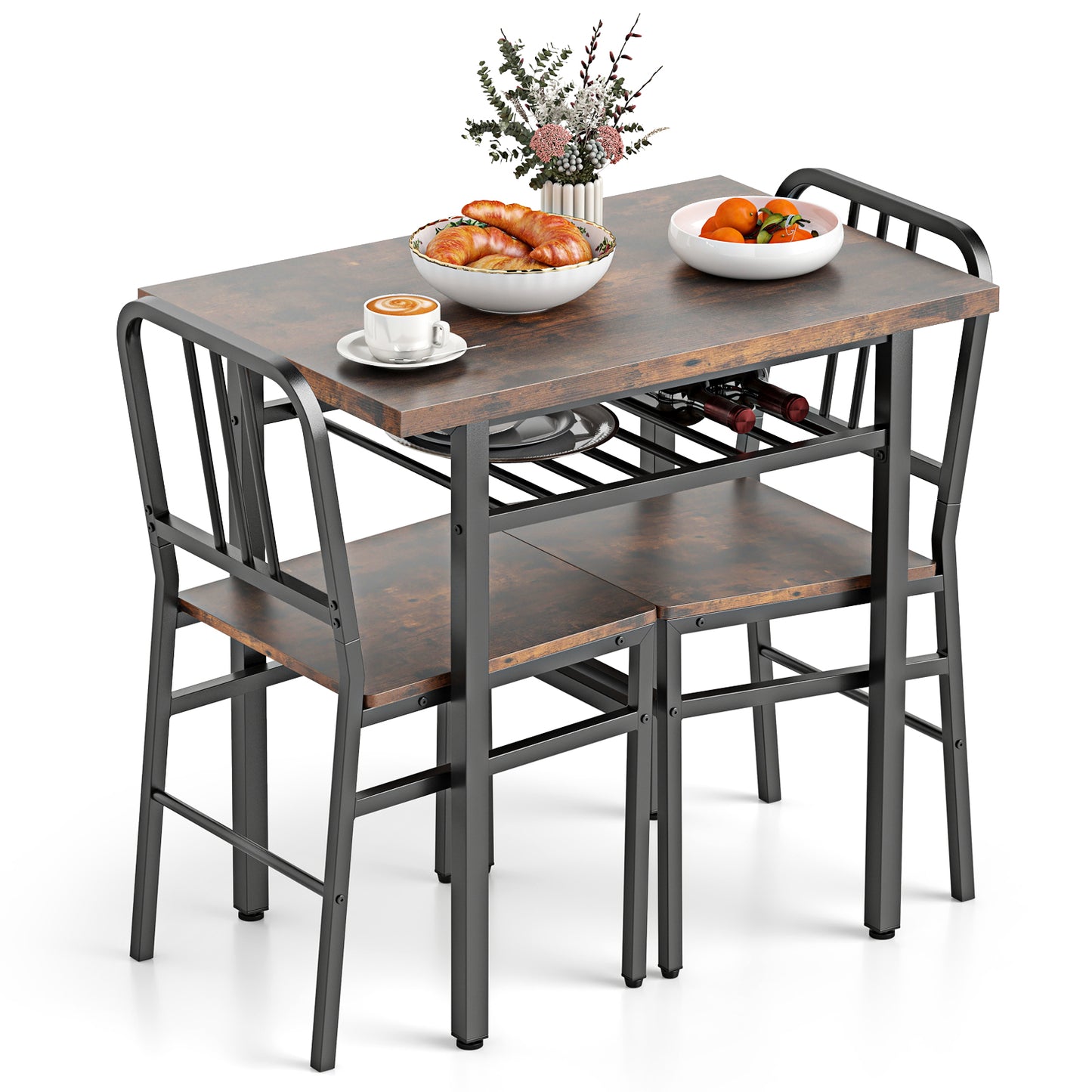 3-Piece Dining Table Set with 2 Chairs and Storage Shelf