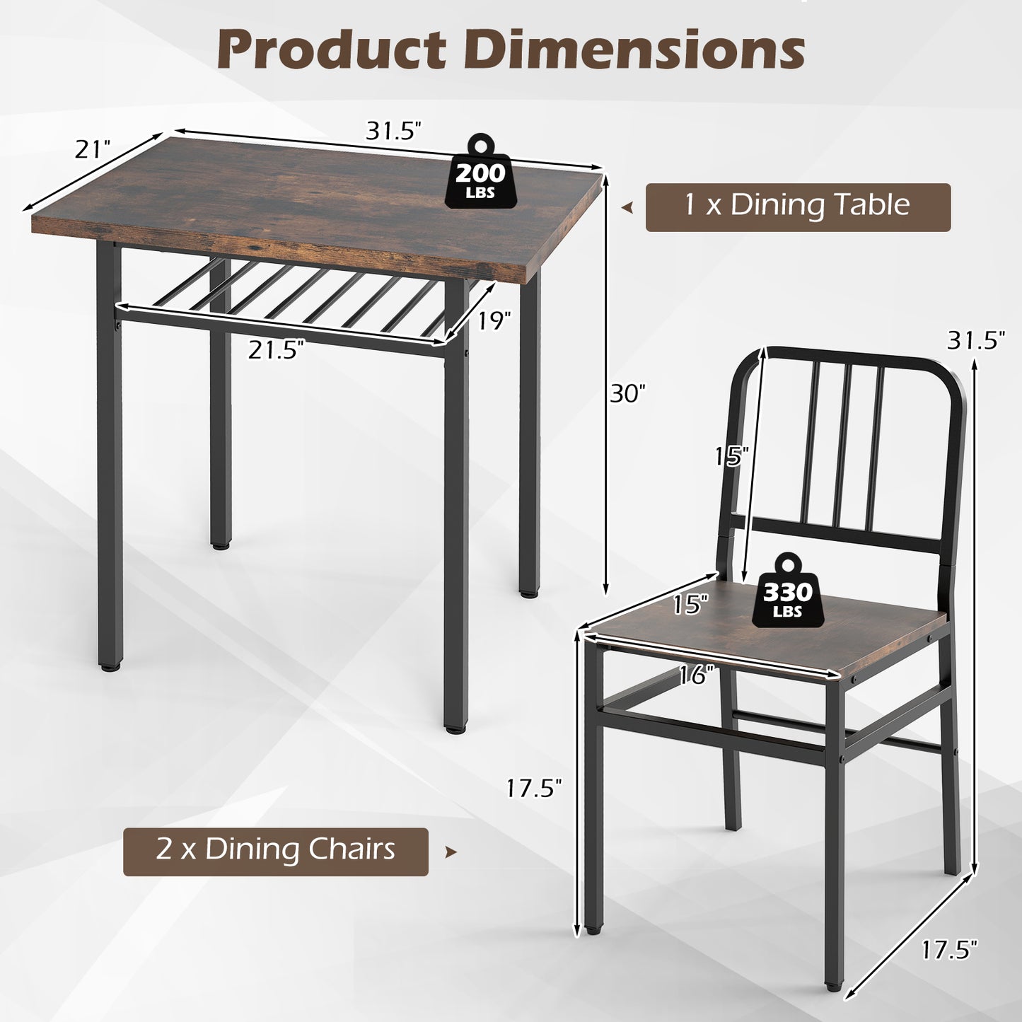 3-Piece Dining Table Set with 2 Chairs and Storage Shelf