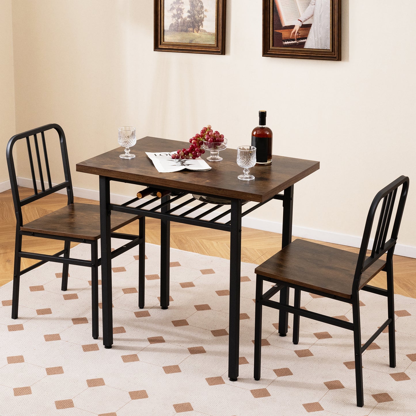 3-Piece Dining Table Set with 2 Chairs and Storage Shelf