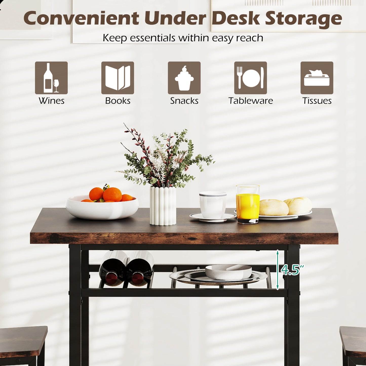 3-Piece Dining Table Set with 2 Chairs and Storage Shelf