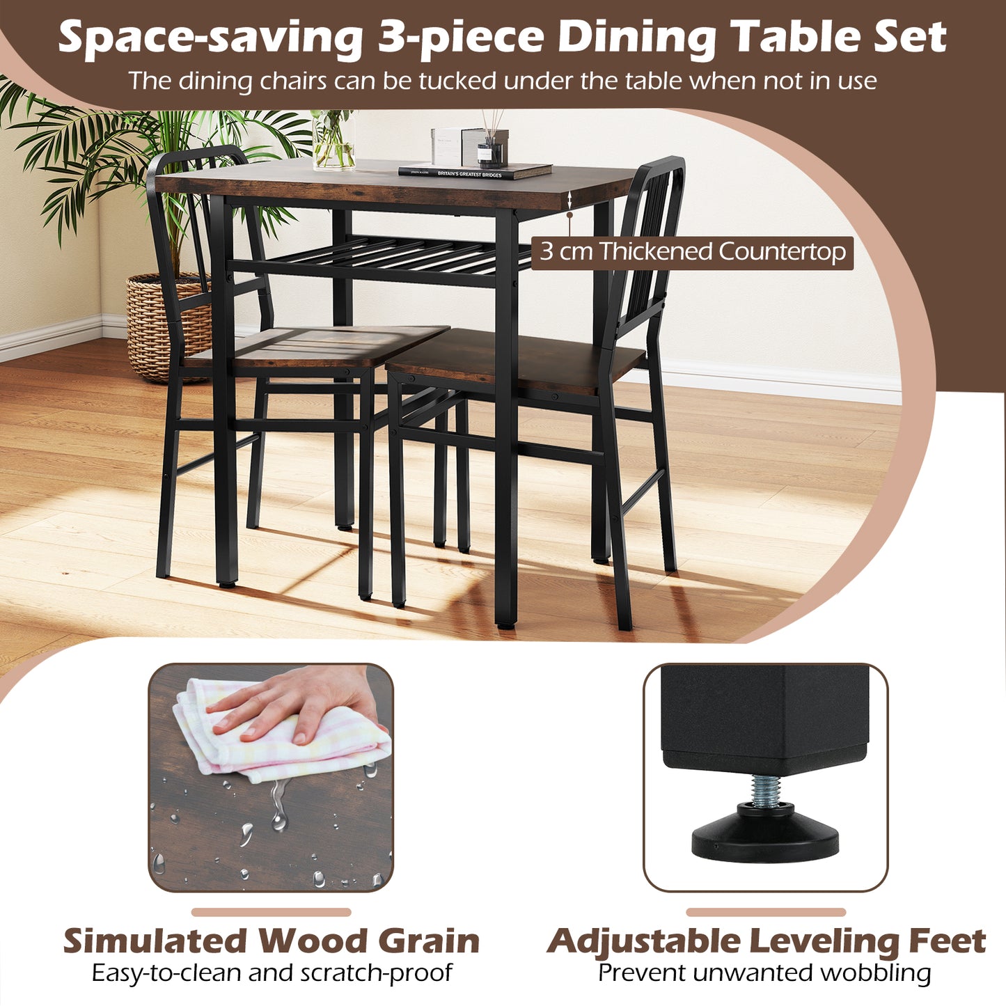 3-Piece Dining Table Set with 2 Chairs and Storage Shelf