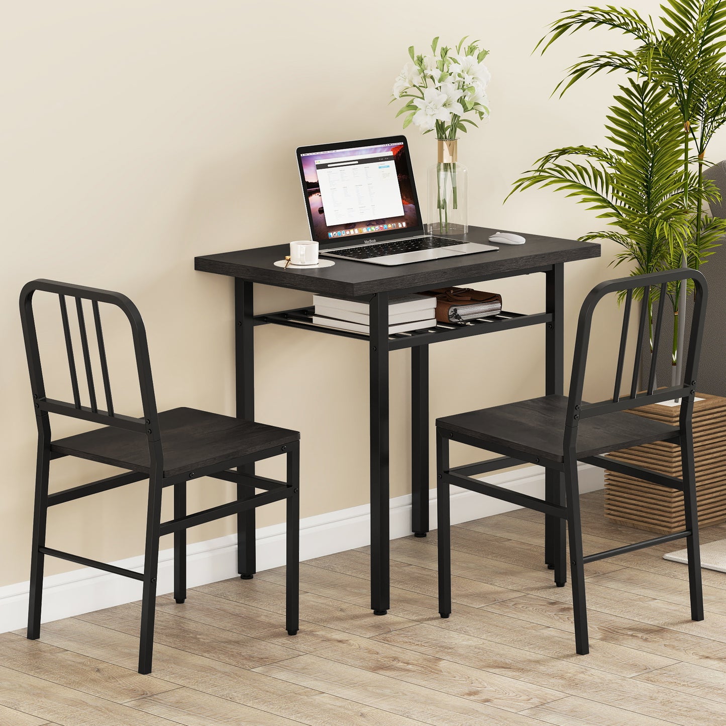 3-Piece Dining Table Set with 2 Chairs and Storage Shelf