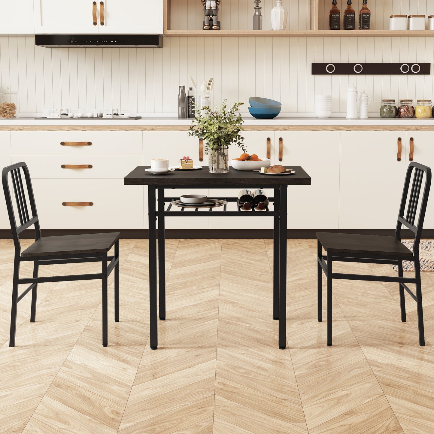 3-Piece Dining Table Set with 2 Chairs and Storage Shelf
