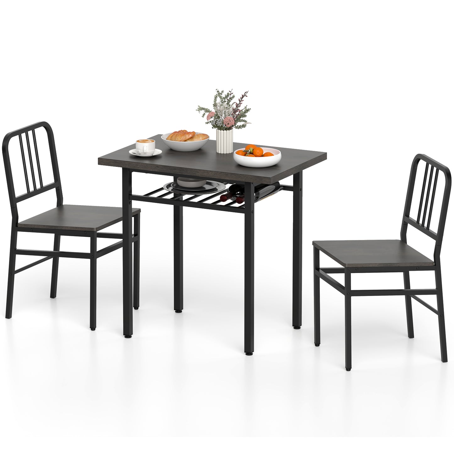 3-Piece Dining Table Set with 2 Chairs and Storage Shelf