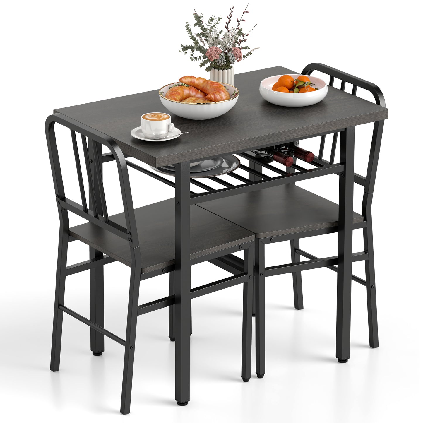 3-Piece Dining Table Set with 2 Chairs and Storage Shelf