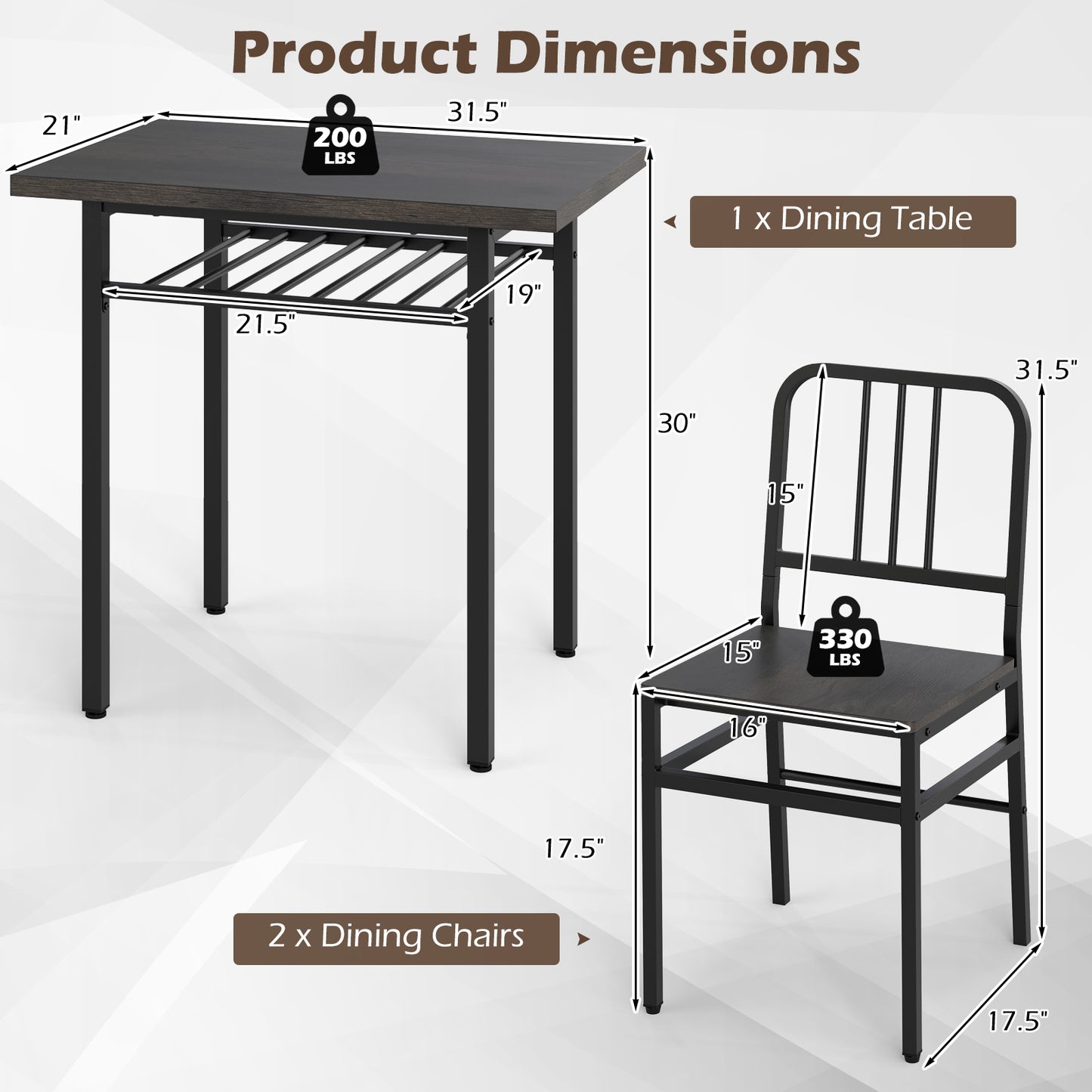 3-Piece Dining Table Set with 2 Chairs and Storage Shelf