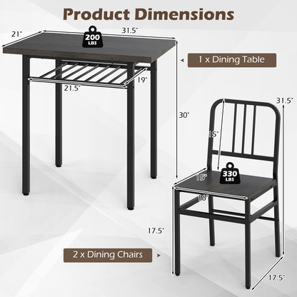 3-Piece Dining Table Set with 2 Chairs and Storage Shelf