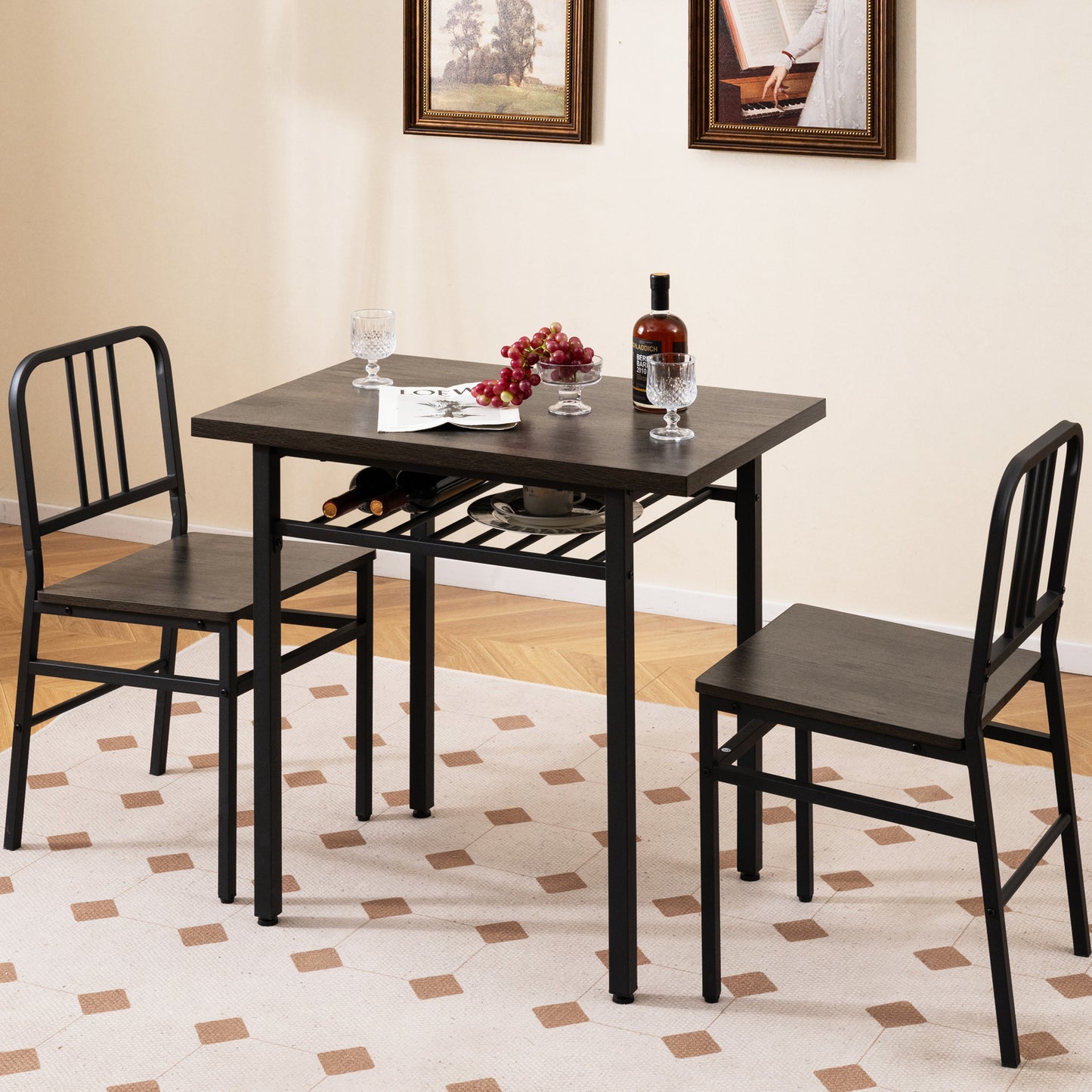 3-Piece Dining Table Set with 2 Chairs and Storage Shelf