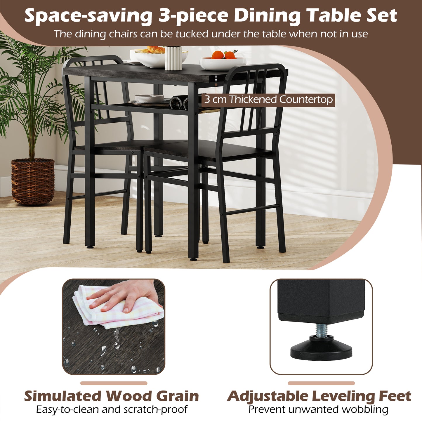 3-Piece Dining Table Set with 2 Chairs and Storage Shelf