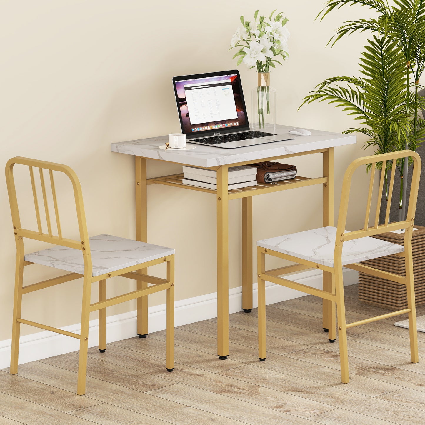 3-Piece Dining Table Set with 2 Chairs and Storage Shelf