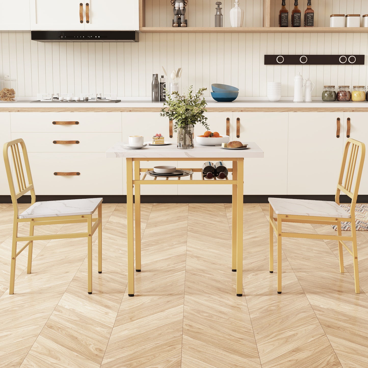 3-Piece Dining Table Set with 2 Chairs and Storage Shelf